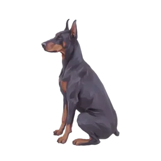 Um modelo 3D realista de um cão Dobermann Pinscher sentado atentamente, visto de lado.