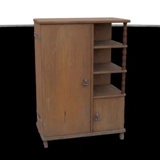 Modello 3D di mobile in legno rustico con anta singola a sinistra e tre scaffali aperti a destra, con montanti e piedini torn
