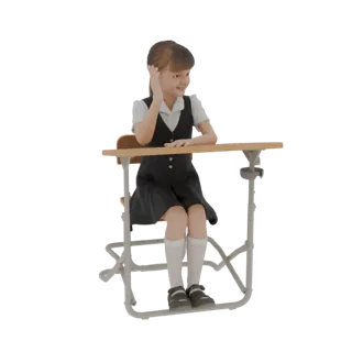 Modelo 3D de uma menina em uniforme escolar sentada a uma mesa com a mão levantada, olhando para o lado com um sorriso.