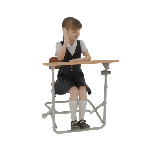 3D-Modell eines jungen Mädchens in Schuluniform sitzt an einem Schreibtisch mit erhobener Hand, blickt lächelnd zur Seite.