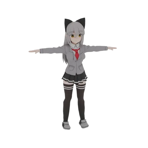 3D model of an anime girl with cat ears wearing a school uniform, standing in a T-pose against a black background.