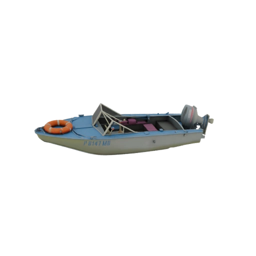 Blue Motorboat with Outboard Engine and Life Ring