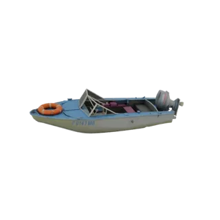 3D model of a blue motorboat with an outboard engine and an orange life ring, viewed from the side.