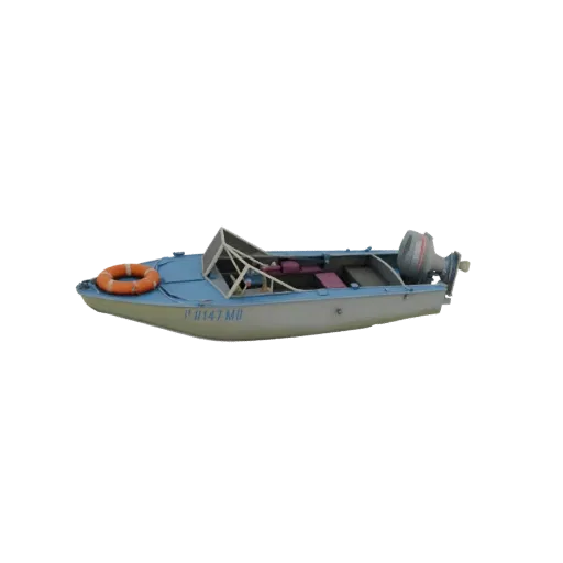 3D model of a blue motorboat with an outboard engine and an orange life ring, viewed from the side.