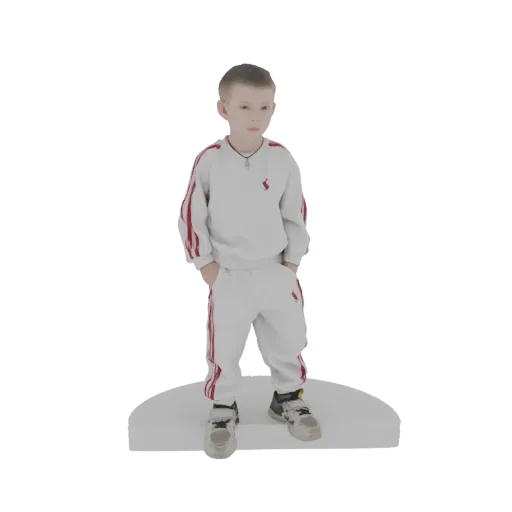 Modello 3D di un bambino che indossa una tuta bianca con strisce rosse, in piedi con le mani in tasca.