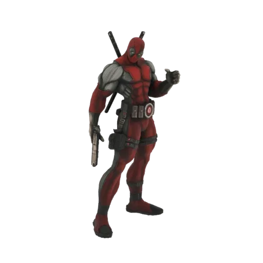 3D model of Deadpool in his red and black suit, giving a thumbs up gesture with a pistol in his other hand.