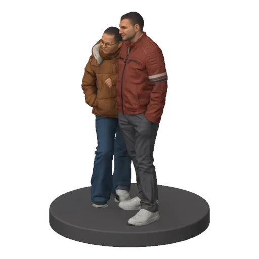 3D model of a couple wearing winter coats, standing together on a circular base.