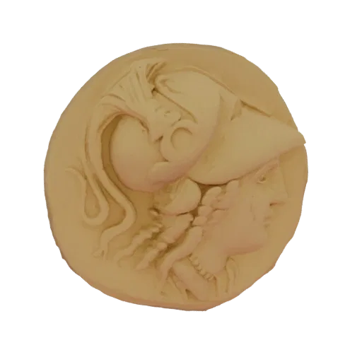3D model of an ancient Greek coin with a detailed profile of a helmeted head on one side and a winged figure on the other.