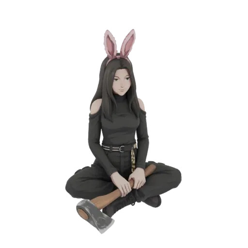 3D model render of an anime girl with pink bunny ears, wearing a black outfit, sitting cross-legged and holding an axe.
