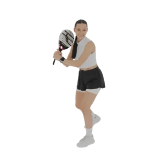 Modello 3D di donna in abbigliamento sportivo, a metà colpo con una racchetta da padel, su sfondo bianco.