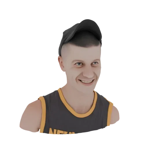 Render 3D de um jovem com cabelo curto, usando boné preto e regata escura com detalhes amarelos, sorrindo.