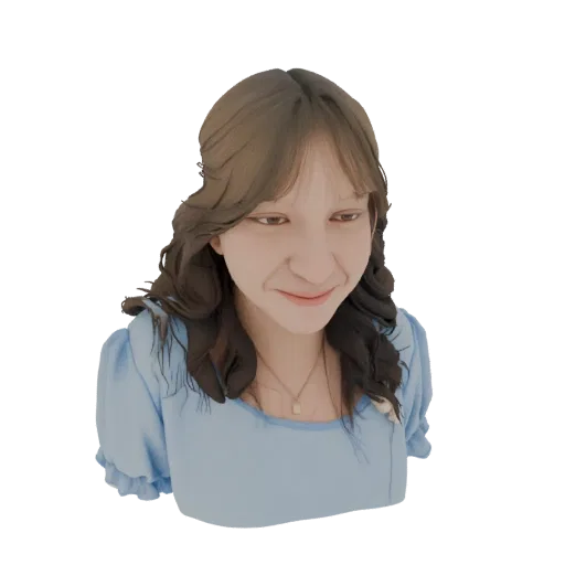 Render del modello 3D di una giovane donna con capelli castani ondulati e un abito blu chiaro, che guarda leggermente verso i