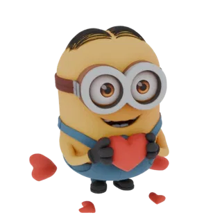 3D model of a yellow Minion character wearing blue overalls and goggles, holding a red heart with a happy expression.