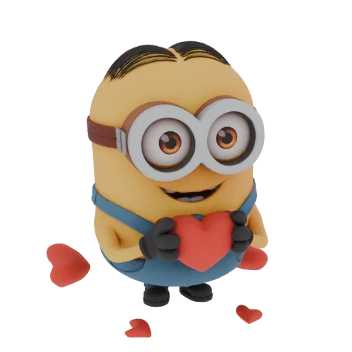 Modelo 3D de um Minion amarelo usando macacão azul e óculos, segurando um coração vermelho com expressão feliz.