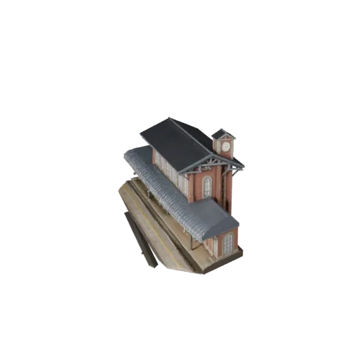 Train Station Building stylized 3D model, isometric stylized game environment view, showing public building materials and architectural detail