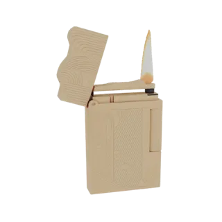 Modelo 3D de un encendedor beige grabado con una llama realista naranja y amarilla, tapa abierta.