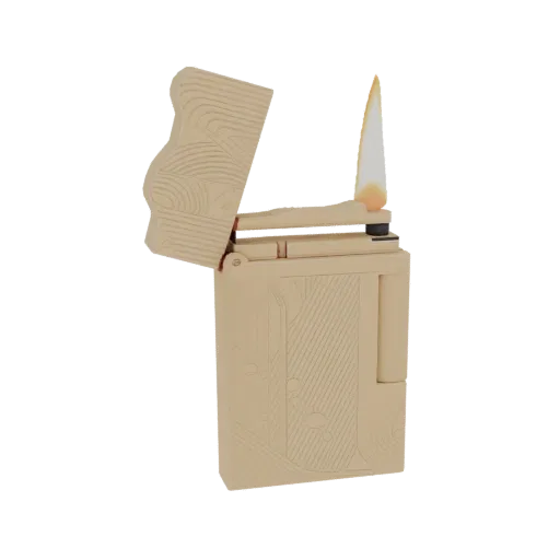 Modello 3D di un accendino beige inciso con una fiamma realistica arancione e gialla, coperchio aperto.