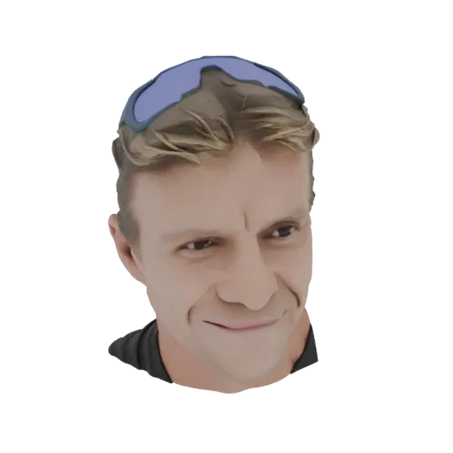 3D model render of a man's head and shoulders wearing blue sunglasses, with a slight smile.