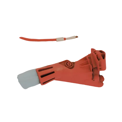 3D model of an orange electrical wire connector with a grey insert, presented against a black background.