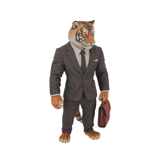 3D model of a tiger wearing a dark grey business suit and holding a brown briefcase, standing against a white background.