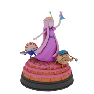 3D model of Princess Bubblegum from Adventure Time standing on a cake with Lumpy Space Princess and another character.