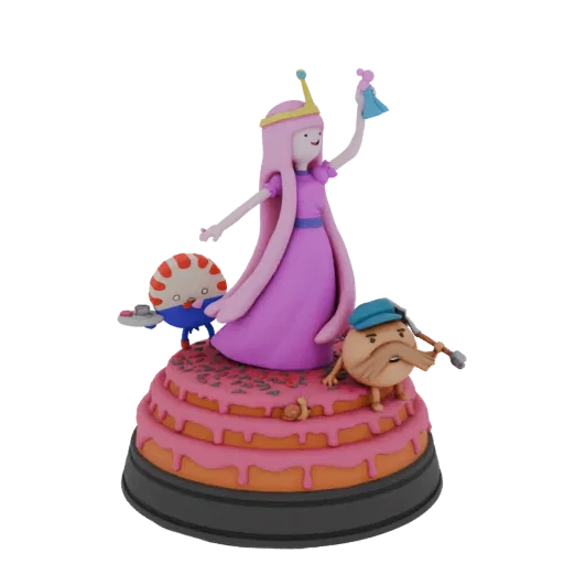 3D model of Princess Bubblegum from Adventure Time standing on a cake with Lumpy Space Princess and another character.