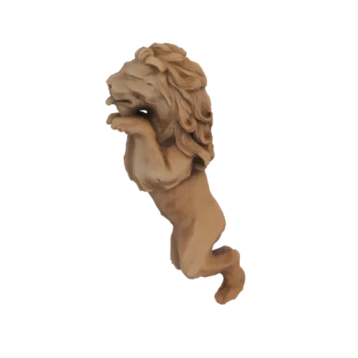 Modelo 3D de uma escultura de leão saltando com acabamento de madeira, capturado no ar com a juba esvoaçante.