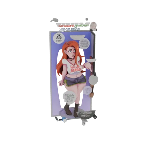 Modelo 3D de garota anime com cabelo vermelho, vestindo camiseta 'This is Pedro', dentro de uma caixa de exibição.