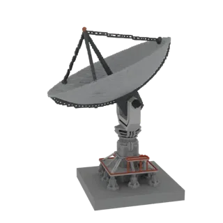 3D model of a large grey satellite dish with a detailed support structure, rendered against a white background.