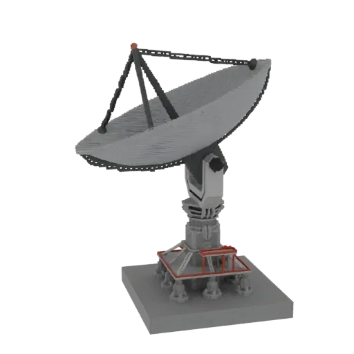 3D-Modell einer großen grauen Satellitenschüssel mit detaillierter Stützstruktur, gerendert vor weißem Hintergrund.