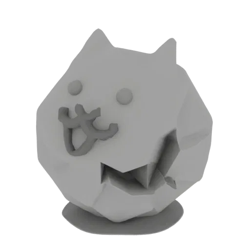A 3D render of a cracked stone cat head with a stylized face and rough, faceted texture, set against a white background.