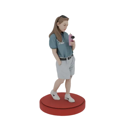 3D model of a young woman with brown hair, wearing a blue shirt and grey shorts, holding a pink drink, standing on a red base