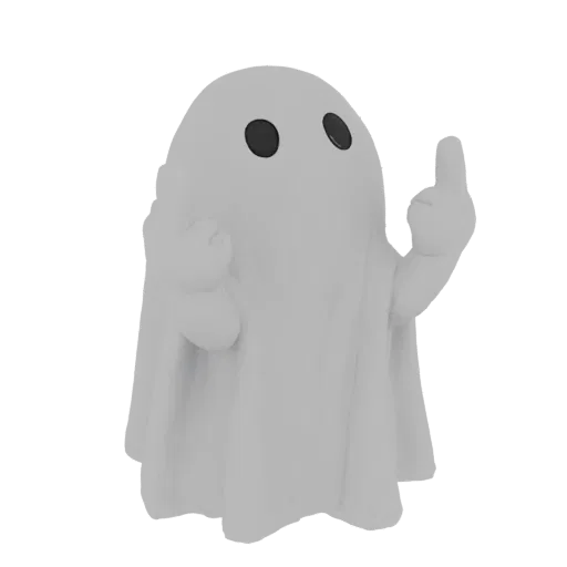 A 3D render of a cute, white ghost character with black eyes, playfully giving the middle finger with both hands.