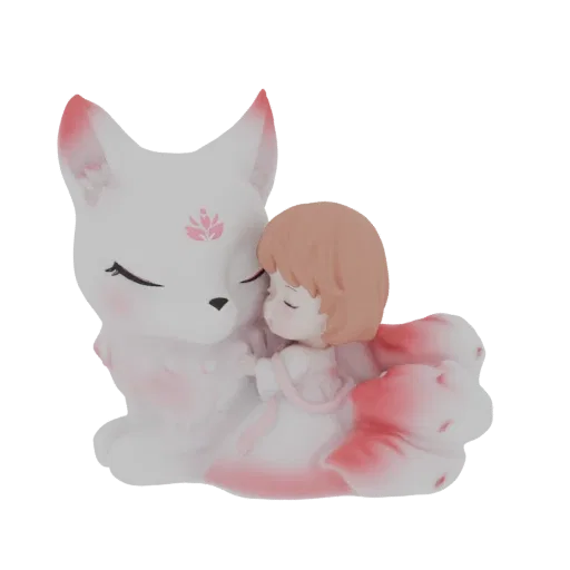 3D-Modell eines weißen Kitsune-Fuchses mit rosa Akzenten, der sanft ein schlafendes Kind umarmt, mit fließenden Schwänzen.