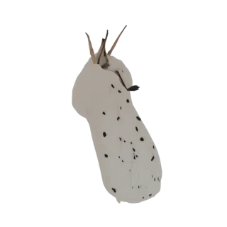 A 3D render of a white moth with black spots, viewed from the side with its wings slightly open.
