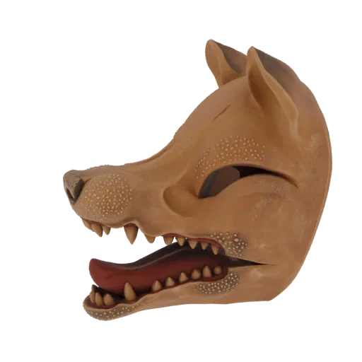 Modelo 3D de uma máscara de lobo feroz com dentes à mostra, boca aberta e detalhes de pelo texturizado, renderizado num tom c