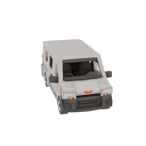 A voxel-style 3D model of a white van, viewed from a slight front-right angle, against a white background.
