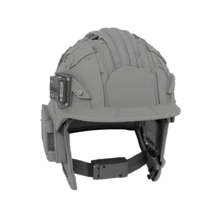 Modelo 3D de um capacete industrial inteligente modular com compartimentos de montagem para eletrônicos e plataforma frontal.