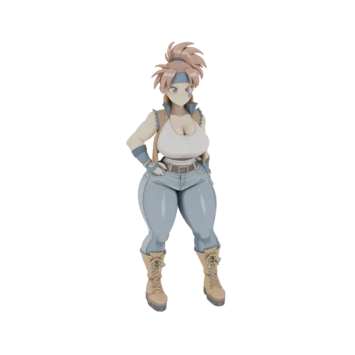 A 3D model of a female adventurer in a retro anime style, wearing a white tank top, blue jeans, and boots, with a bandana in