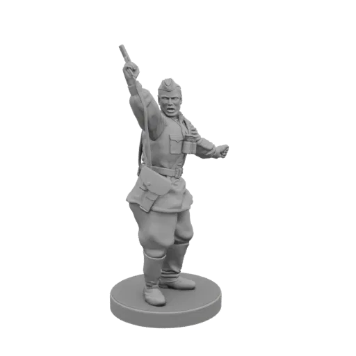 3D model of a Soviet soldier in an action pose, holding a grenade aloft, on a circular base.