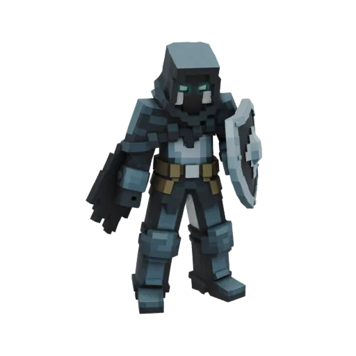 A voxel-style 3D model of a fantasy knight in dark armor, holding a shield, with glowing green eyes.