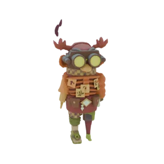 Modèle 3D d'un personnage d'inventeur steampunk avec des cornes brunes, de grandes lunettes jaunes et une tenue patchwork col
