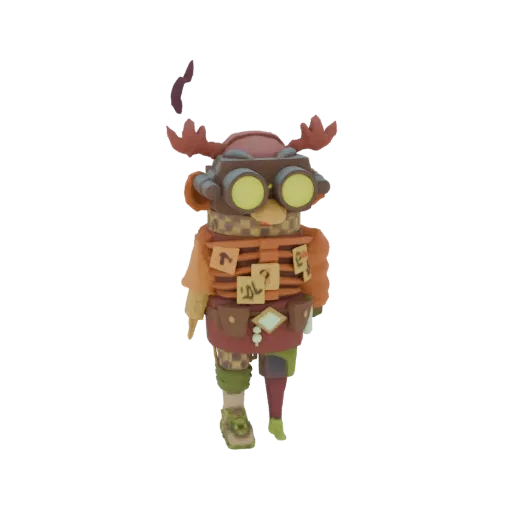 3D-Modell eines Steampunk Erfinder Charakters mit braunem Geweih, großer gelber Brille und buntem Flickwerk-Outfit, stehend v
