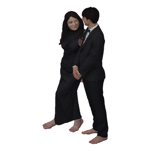 3D model of a man in a tuxedo and a woman in a black gown standing together, looking at each other.