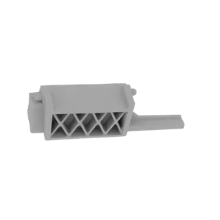 Renderização 3D de uma caixa de conector elétrico cinza de 6 pinos com padrão de grade interna visível e aba de montagem.