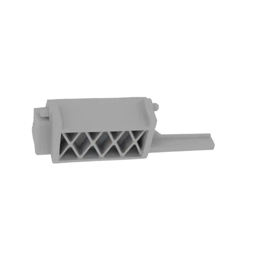 Renderização 3D de uma caixa de conector elétrico cinza de 6 pinos com padrão de grade interna visível e aba de montagem.