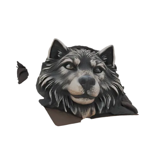 3D model render of a stylized wolf head mask with detailed fur texture and piercing eyes, presented on a white background.