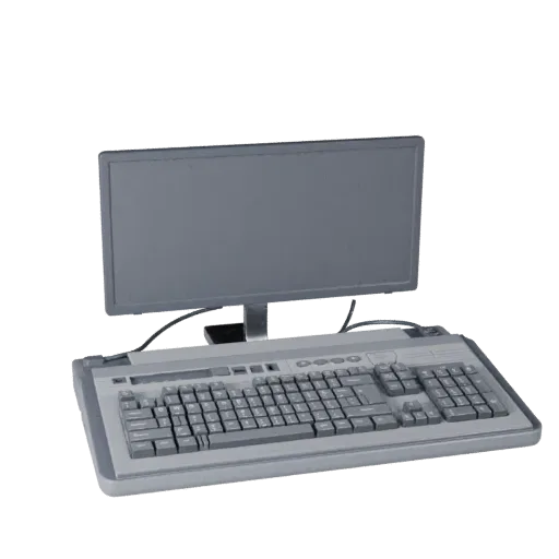 Corporate Keyboard 3D model, three-quarter front view, Unreal Engine viewport, showing plastic, desk-scale silhouettes.