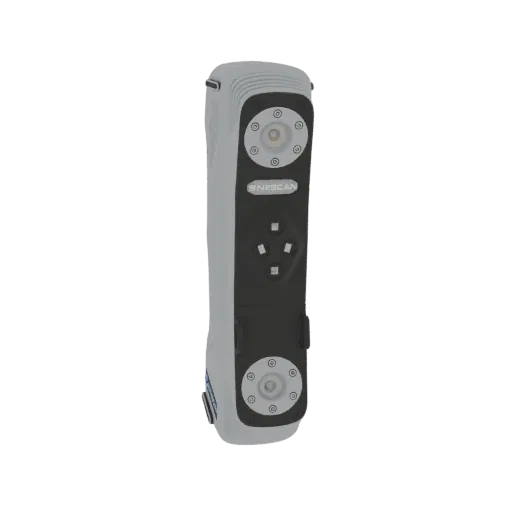 A 3D model of a handheld 3D scanner with a gray and black body, featuring sensor arrays and control buttons.