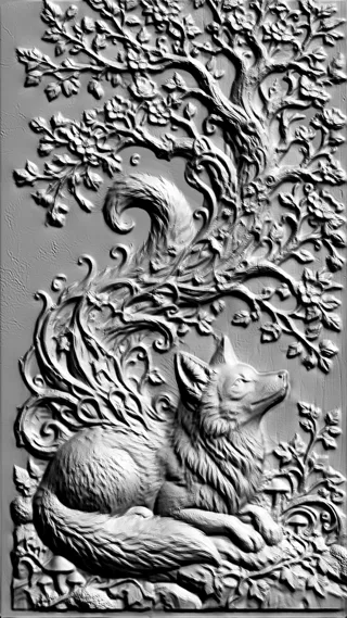 Modello 3D bassorilievo con volpe addormentata alle radici di un albero e scoiattolo sui rami, in alto rilievo.